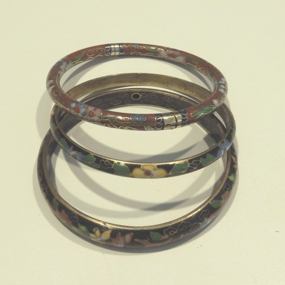 3 Vintage CLOISONNE Bangle Bracelets black & rust - Picture 1 of 3